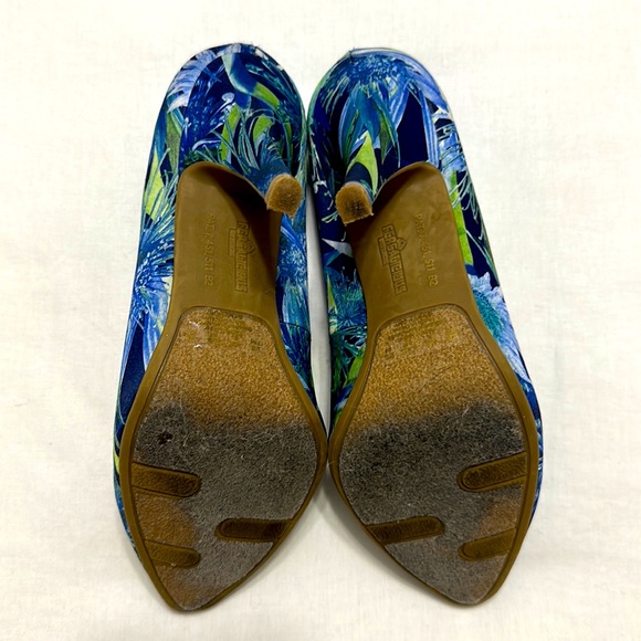 Fergalicious By Fergie Blue Green Fabric Floral Pointy 3 1/2” Heel. 7M Tropical - Picture 5 of 10